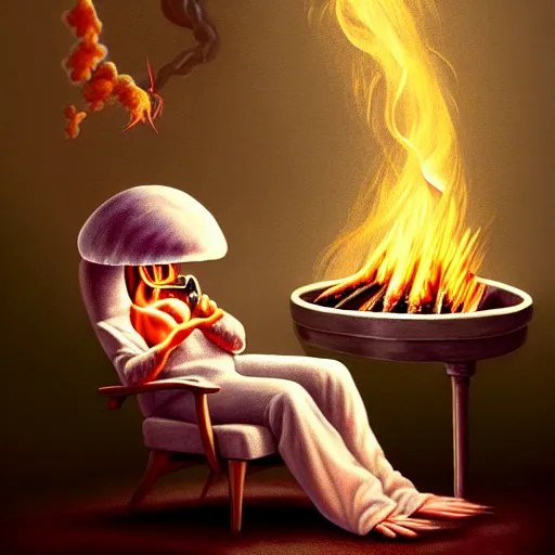 Image similar to painting of a mushroom alien sitting in a recliner by the fire smoking a pipe and wearing a soft robe and slippers, elegant intricate digital painting, trending on artstation, by normal rockwell