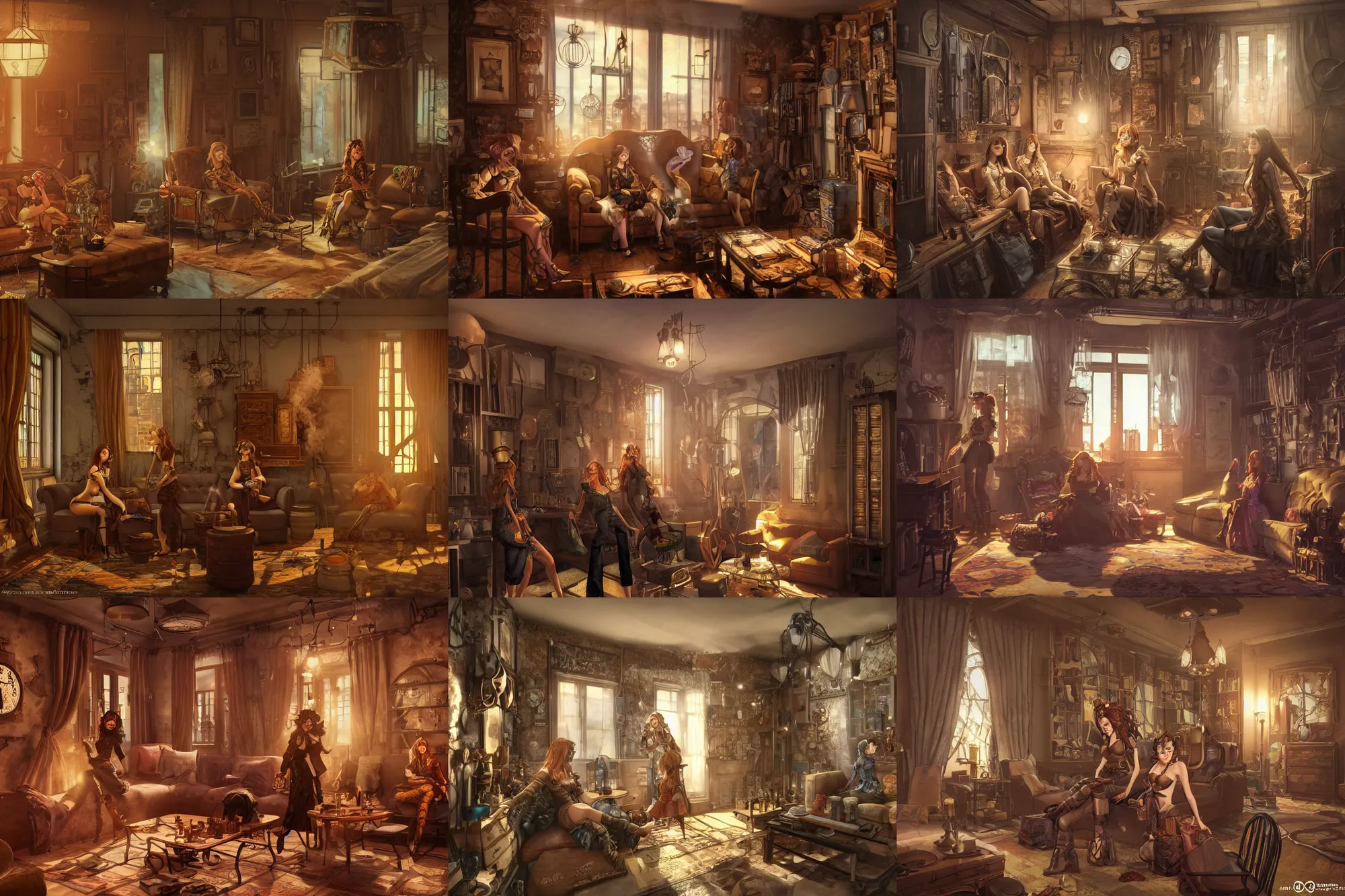 Prompt: women in the interior of a steampunk apartment, by Milo Manara and Joe Madureira, 3d scene, render, ultra realistic, ray tracing, night time, volumetric light, smoking cigarettes, artstation, cgsociety, level design, unreal engine, 3d scene, zenith view