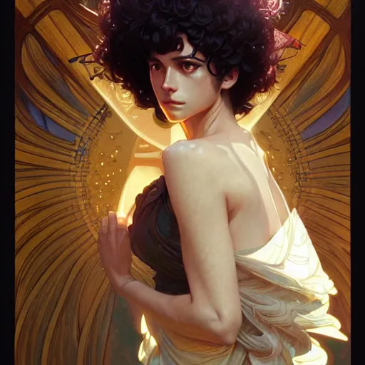 Image similar to Spike Spiegel, fantasy, intricate, elegant, highly detailed, digital painting, artstation, concept art, matte, sharp focus, illustration, art by Artgerm and Greg Rutkowski and Alphonse Mucha