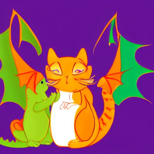 Prompt: small cute purple dragon, the dragon is hugging an orange tabby cat