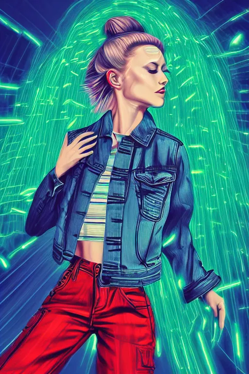 Image similar to a award winning half body portrait of a beautiful woman with stunning eyes in a croptop denim jacket and cargo pants with ombre green teal hairstyle head in motion and hair flying while dancing by thomas danthony, surrounded by whirling illuminated lines, outrun, vaporware, shaded flat illustration, digital art, trending on artstation, highly detailed, fine detail, intricate