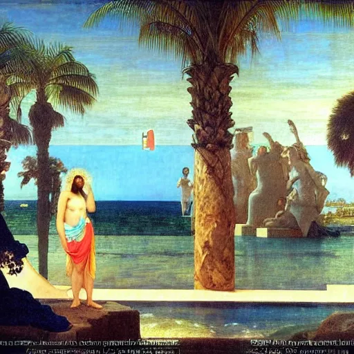 Image similar to The giant column, thunderstorm, greek pool, beach and palm trees on the background major arcana sky, by paul delaroche, alphonse mucha and arnold böcklin arnold böcklin hyperrealistic 8k, very detailed