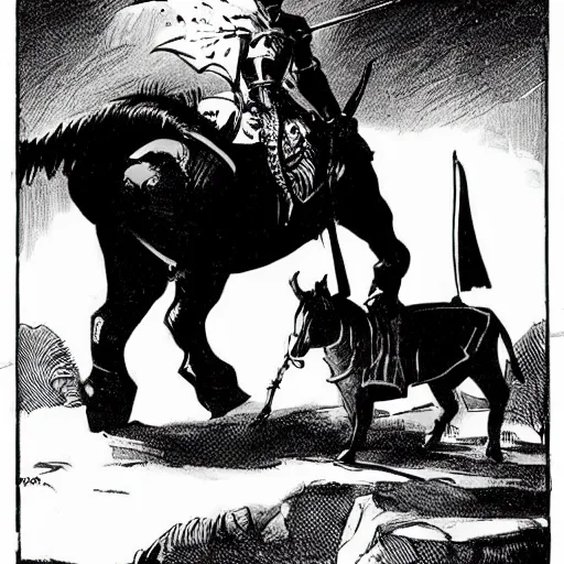 Image similar to A knight using a tapir as a steed. Dark Fantasy, Film Noir, Black and White. High Contrast, Mike Mignola, D&D, OSR