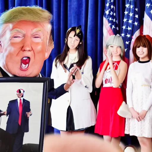 Image similar to donald trump talks to anime girls, professional photo