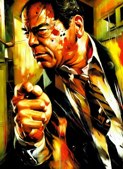 Image similar to jon taffer, enraged, painting by phil hale, 'action lines'!!!, graphic style, visible brushstrokes, motion blur, blurry