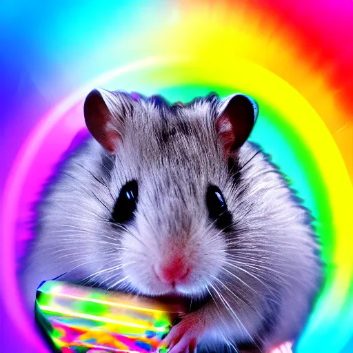 Image similar to cyberpunk hamster! holding rainbow! gem! crystal, neon lights, light reflection, 8 k, hd