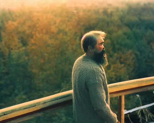 Image similar to award - winning lomographic tarkovsky film still of 4 0 years russian man with beard and sweater standing on small hrushevka 9 th floor balcony in taiga looking at sunset, cinestill, bokeh