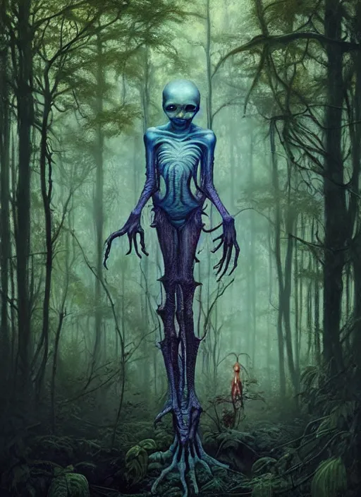 Image similar to hyper realistic spooky alien in the woods in a river gorgeous lighting, lush forest foliage blue sky a hyper realistic painting by chiara bautista and beksinski and norman rockwell and greg rutkowski, tom bagshaw weta studio, and lucasfilm