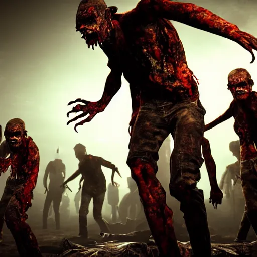 Image similar to a group of zombies coming towards the camera, highly detailed, photorealistic portrait, bright studio setting, studio lighting, crisp quality and light reflections, unreal engine 5 quality render