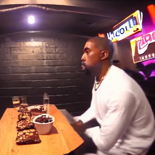 Prompt: blurry, gopro footage of kanye west eating at taco bell, cinematic, volumetric lighting, night, rain