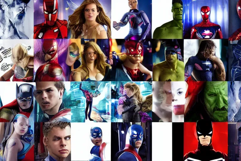 Prompt: movie superhero team closeup, DC vs Marvel fashion, VFX magic powers at night in the city, city street, beautiful skin, natural lighting by Emmanuel Lubezki