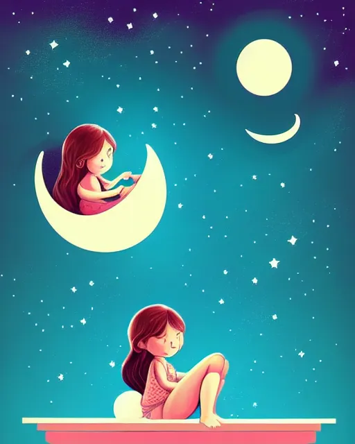 Prompt: beautiful painting of little girl sitting on her flying bed and looking at the moon, art by petros afshar, sky night, illustration, highly detailed, simple, smooth and clean vector curves, no jagged lines, vector art, smooth, artstation