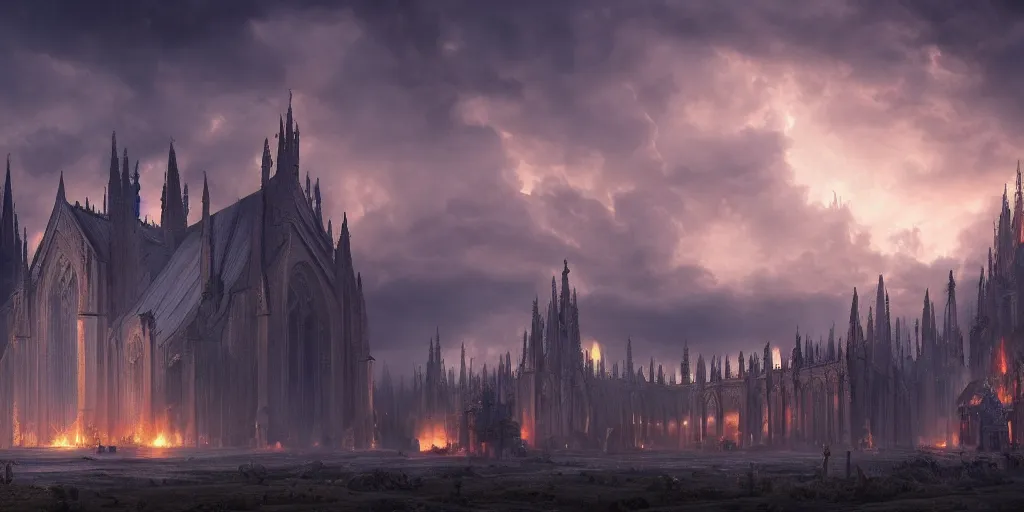 Prompt: an epic matte painting of heaven versus hell, a big church buening in the middle of the frame, master shot, massive, cinematic lighting, soft render, symmetrical, clouds, darkness, 8 k, ultra high quality