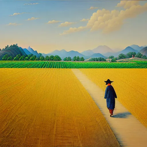 Image similar to cat farmer, walking in the wheat field, nature landscape on the background, fenghua zhong, sharp deep, oil art