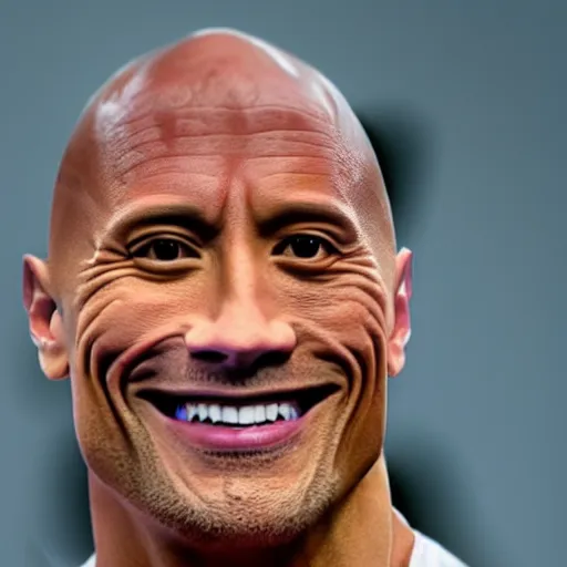 Prompt: extremely zoomed-in photo of Dwayne Johnson smiling into the camera