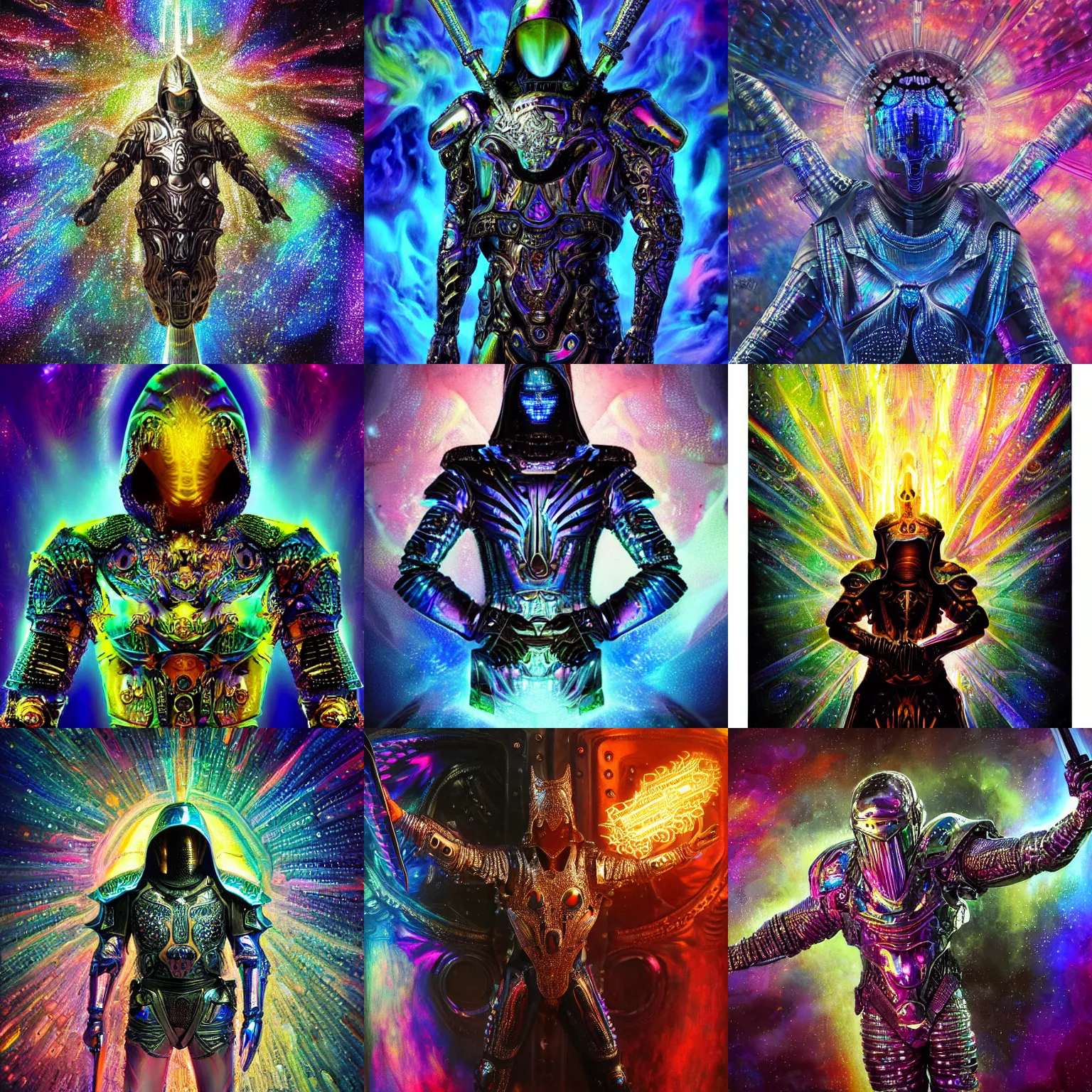 Prompt: Ultra realist intricate dark iridescent subtle detailed painting of a powerful hooded divine royal omnipotent being wearing body armor and brandishing a precious futuristic cosmic sword of iridescent flame, human face, biomechanical complex torso covered in iridescent 3D processor microchips, 3D render, 4K, symmetry, rich style, iridescent smoke behind, crystallic megastructure background, artstation, iridescent, badass, galactic deity, dark ominous stealth, depth of field, award winning on artstation, artgerm