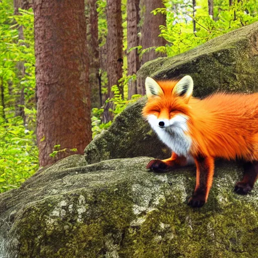 Image similar to well fluffy fox on rock, forest, photo