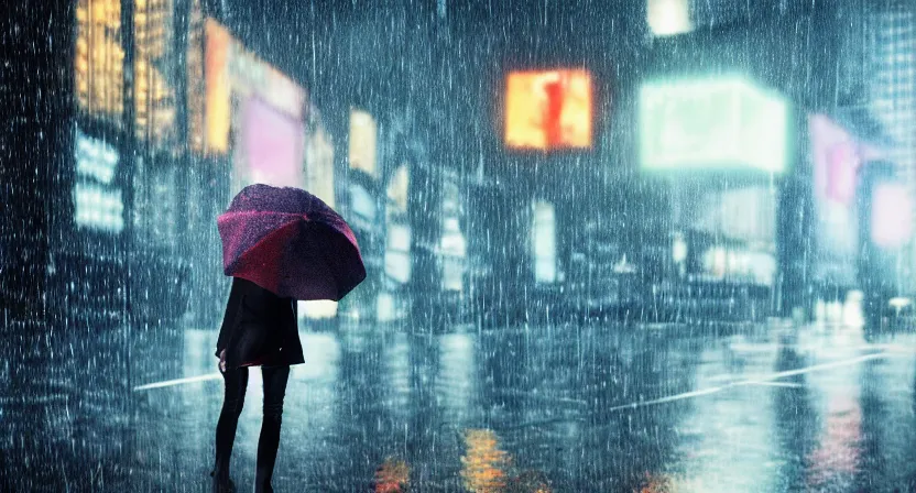 Prompt: a woman holding a umbrella in a rainy cyberpunk city, photorealistic, volumetric lighting, 4k, HD