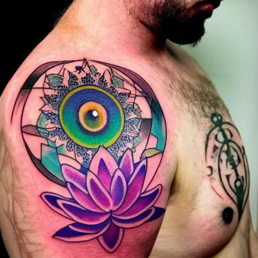 Prompt: shoulder tattoo of a meditating cute bush baby with trippy eyes and glowing multicolored chakra symbols, surrounded with colorful lotus flowers, insanely integrate