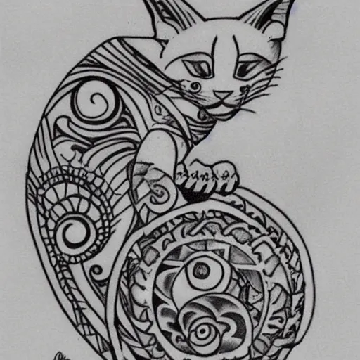 Image similar to tattoo sketch in polynesian style cat hugging the sun