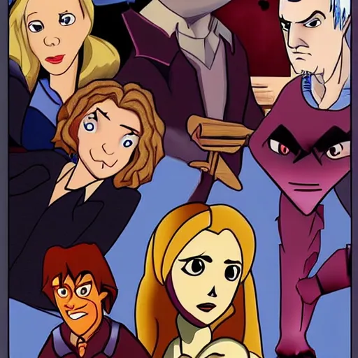 Image similar to buffy the vampire slayer, animated, fighting, vampires, stakes, atmospheric, still from courage the cowardly dog, moody