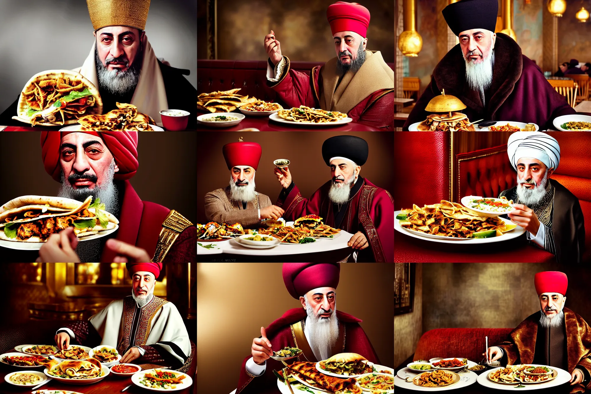 Prompt: ottoman sultan mehmet iv eating shawarma in a restaurant, wearing big ovular turban and a luxurious ottoman coat, mid - shot, cold lighting, photography from vogue magazine, neat, precise, realistic, detailed facial features, expressive, photorealistic, hyperrealism, micro details, hdr shot, in the style of martin schoeller