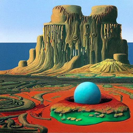 Image similar to a cylindrical pit in the ground with a city inside, painting by Roger Dean