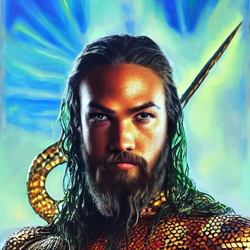Image similar to intricate five star portrait of aquaman dressed up at the burning man festival, oil on canvas, hdr, high detail, photo realistic, hyperrealism, matte finish, high contrast, 3 d depth, centered, masterpiece, tasteful colors, enhanced light effect, enhanced eye detail, artstationhd