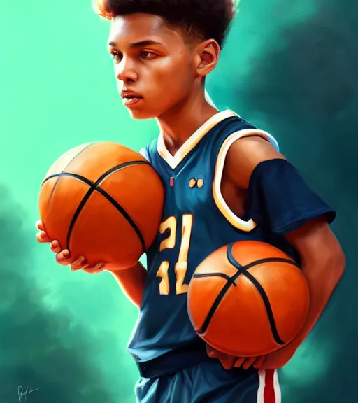 Image similar to portrait of a boy holding a basketball playing basketball wearing a basketball uniform, intricate, elegant, highly detailed, centered, digital painting, artstation, concept art, smooth, sharp focus, illustration, by Peter Mohrbacher, WLOP