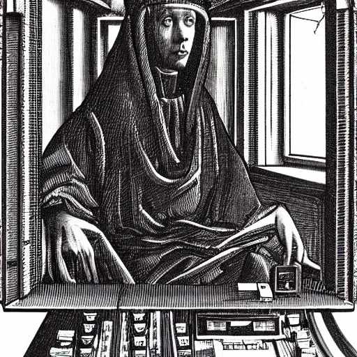 Prompt: a portrait of a person jacked into their cyberdeck by Jan van Eyck