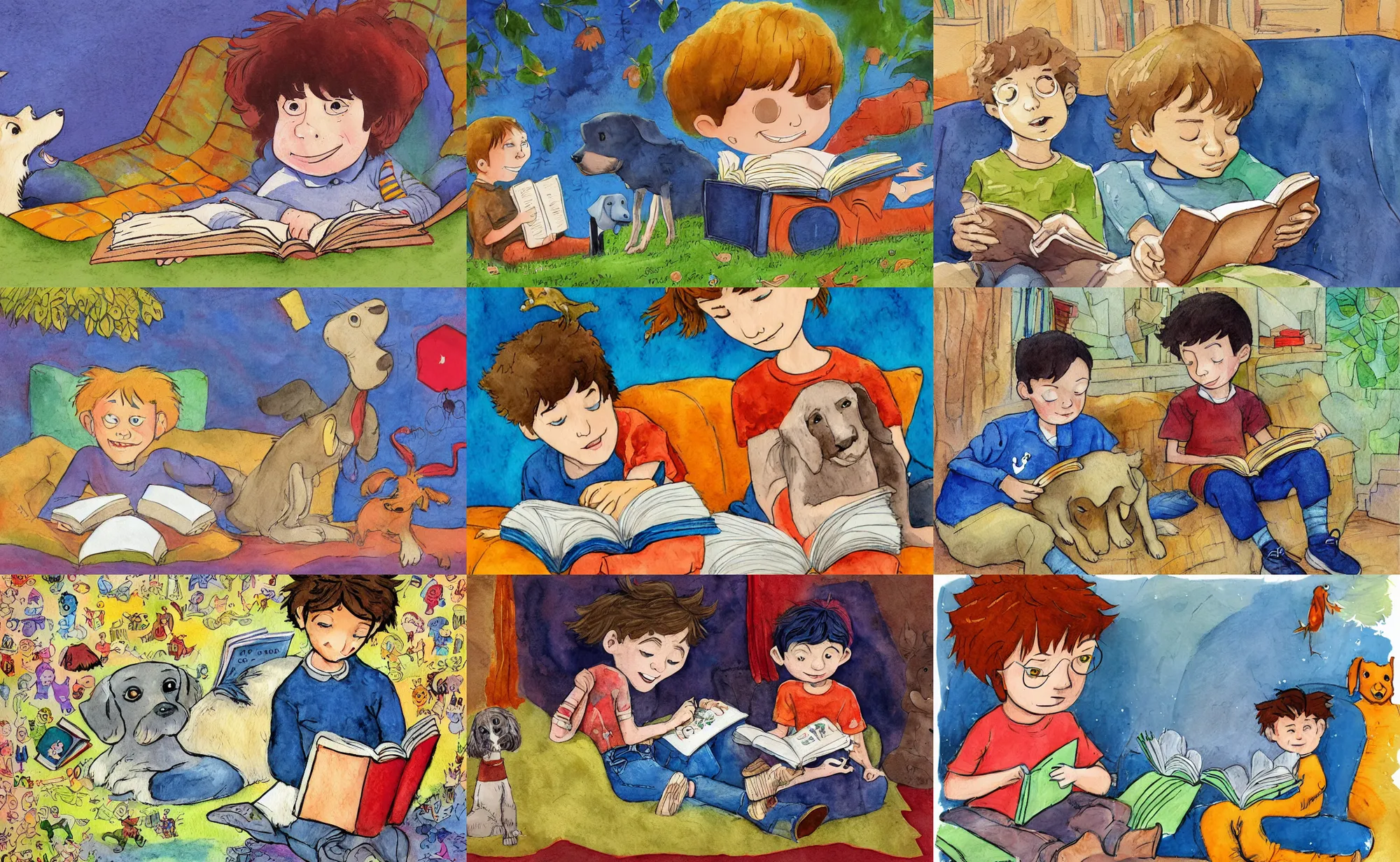 Prompt: children illustration : boy with dog reading a book. clement hurd, e. h. beatrice blue, julia sarda, loish, pauline baynes, pixar, goro fujita, neil gaiman, tim burton. colorful. watercolor, guache. crayons. rich. stylized. highly detailed 8 k. intricate.