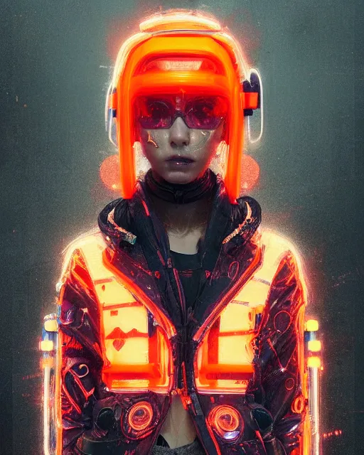 Image similar to detailed portrait Neon Operator Girl, cyberpunk futuristic neon, orange reflective puffy coat, decorated with traditional Japanese ornaments by Ismail inceoglu dragan bibin hans thoma greg rutkowski Alexandros Pyromallis Nekro Rene Maritte Illustrated, Perfect face, fine details, realistic shaded, fine-face, pretty face