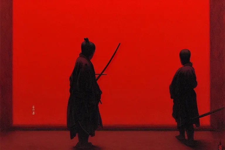 Image similar to only with red, a red samurai harakiri, tokio, a lot of frogs watch, in the style of beksinski, parts by edward hopper, parts by rodcenko, parts by yue minjun, intricate and epic composition, red by caravaggio, insanely quality, highly detailed, masterpiece, red light, artstation, 4 k