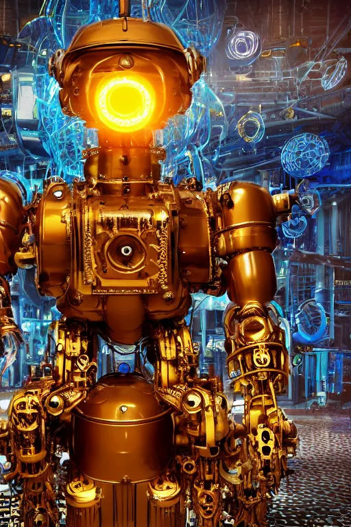 Image similar to portrait photo of a giant huge golden and blue metal humanoid steampunk robot cleaner robot, with gears tubes vaccuumcleaner, on the wet floor are mop and bucket, eyes are glowing red lightbulbs, shiny crisp finish, 3 d render, 8 k, insaneley detailed, fluorescent colors, background is multicolored lasershow