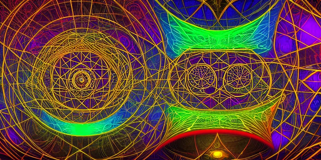 Image similar to dmt spirits, sacred non - euclidean geometric buildings housing dmt time elves, psychedelic architecture, soul frequency, 8 k resolution, highly detailed,