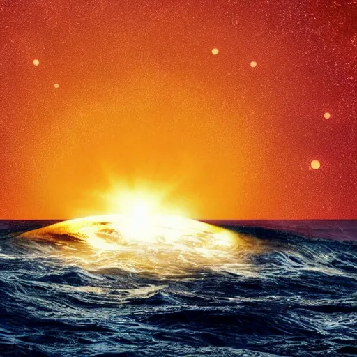 Image similar to the photo shows a large, disk - shaped object hovering in the sky above the ocean waves and mountains. the object appears to be surrounded by a golden bright aura. there is no sign of any engines or propulsion system. the photo was taken by a professional photographer.