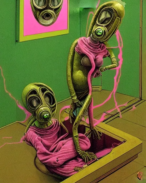Prompt: Two alien figures wearing gas masks sharing an oxygen tank, draped in silky gold, pink and green, in a decayed hospital room with garbage in floor, in the style of Francis Bacon, Esao Andrews, Zdzisław Beksiński, Edward Hopper, surrealism, art by Takato Yamamoto and James Jean