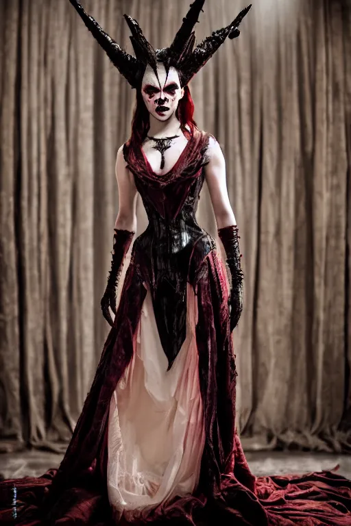 Image similar to dressed anya taylor - joy, a sinister demonic queen of cenobites, symmetrical, cinematic, elegant, demonic atmosphere, professional studio light, real dlsr photography, sharp focus, costume made by clive barker, real rotten flesh and blood, 4 k, ultra hd, sense of awe