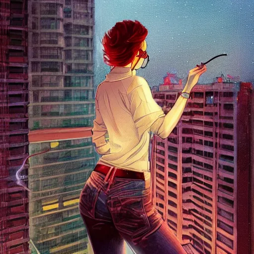 Image similar to a beautiful artwork of a woman with red hair in jeans and a white shirt smoking on the balcony of a hotel at night, top view, neon and rainy theme atmosphere by Jerome Opeña, featured on artstation