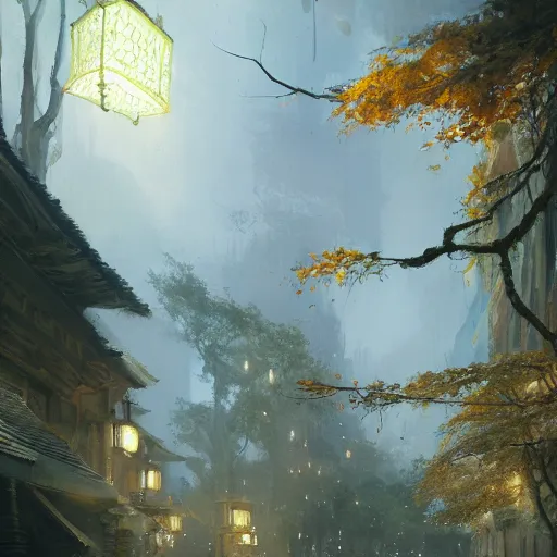 Image similar to Concept art, beautiful painting of a gingko tree, shining its light among lanterns, 8k, james gurney, greg rutkowski, john howe, artstation