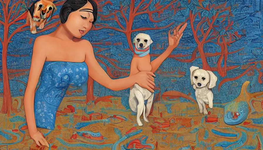 Prompt: a painting of a woman and a dog, a surrealist painting by james jean, behance contest winner, naive art, storybook illustration, egyptian art, whimsical