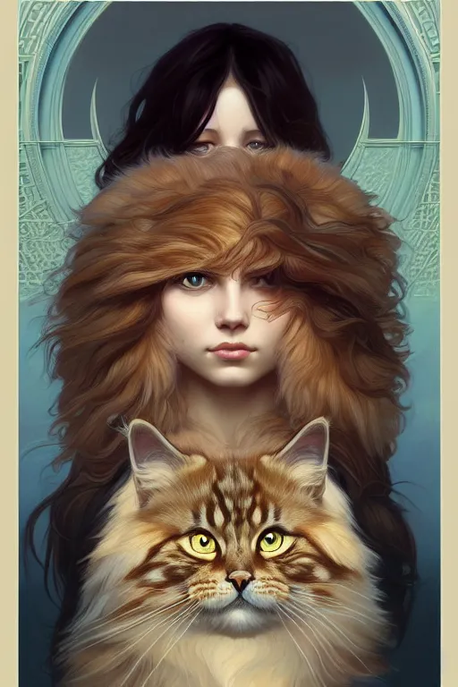 Image similar to symmetry!! girl with siberian cat!!, intricate, elegant, highly detailed, digital painting, artstation, concept art, smooth, sharp focus, illustration, art by artgerm and greg rutkowski and alphonse mucha, 8 k