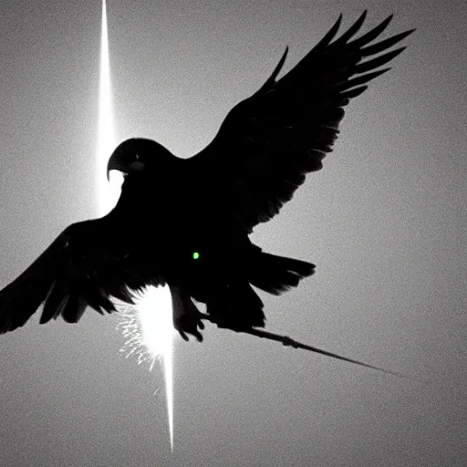 Image similar to a giant bird shooting lasers through his eyes, conspiracy photo, top secret, black and white, grained