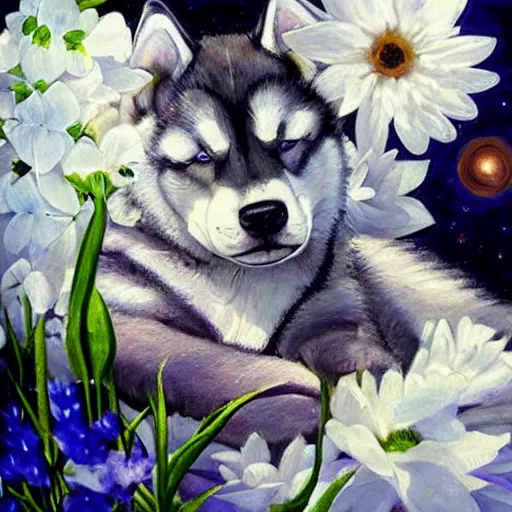 Image similar to beautiful painting of a cute husky sleeping in flowers. sci fi concept art by * caravaggio *