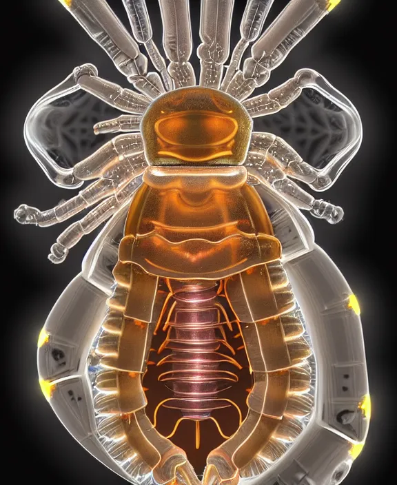 Prompt: intricate opulent transparent clear see - through portrait of handsome masculine isopod, fractal, neon lights, circuitry, dense machinery environment, ultra realistic, concept art, pop art, photorealistic, octane render, 8 k, unreal engine. art by nori inoguchi and sam kaplan and zachary goulko and christopher marley and artgerm and alphonse mucha