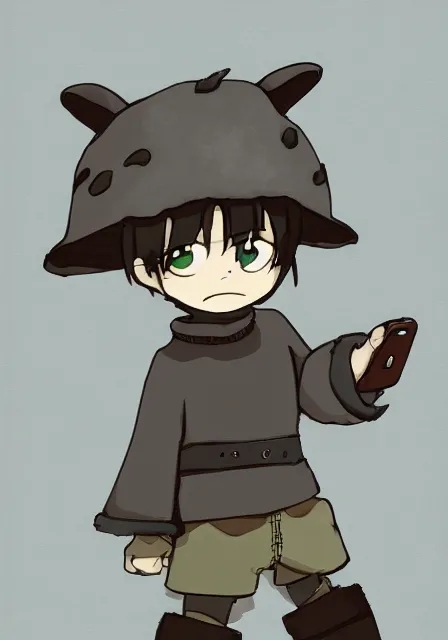 Image similar to little boy wearing sheep suit using a smartphone, gray, blue, green and brown pallet color. made in abyss art style, inspired in kris from deltarrune, cute detailed artwork, anatomically correct, soft details