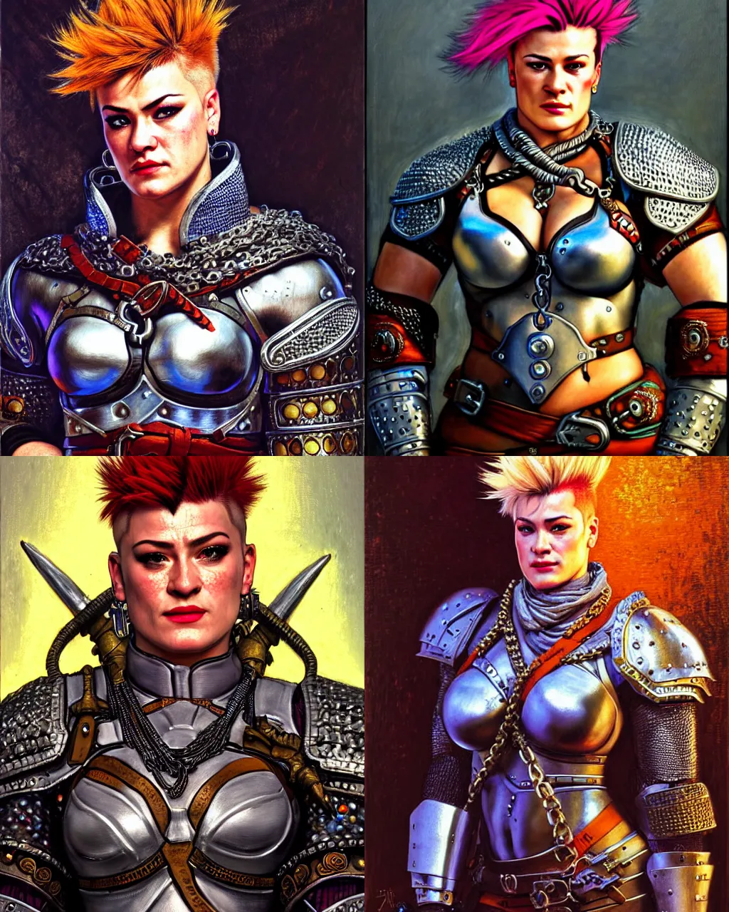 Prompt: detailed portrait of zarya from overwatch as a powerful medieval warrior wearing iron chainmail, intricate, hyper detailed, realistic, oil painting, by john atkinson grimshaw, Milo Manara, cinematic lighting