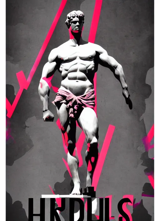 Image similar to design poster showing a statue of hercules, black background with very subtle red and purple design elements, powerful, nekro, vito acconci, graphic design, collage art, subtle thin straight lines, dark, glitch art, neo vaporwave, gritty, layout frame, square, trending on artstation