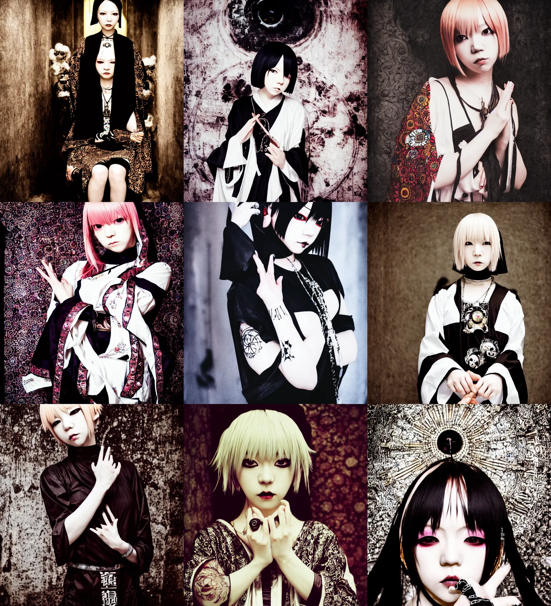 Prompt: lomography, full body portrait photo of women like reol as a priestness holding a ritual ritual in a temple interior, moody, realistic, dark, skin tinted a warm tone, hdr, rounded eyes, detailed facial features, white gold black, takashi murakami