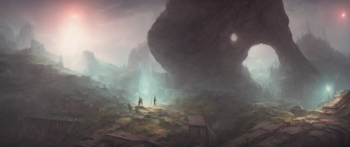 Image similar to broken pantheon amidst a foggy cliff side under a starlit sky, matte painting, futuristic, sci fi, style of jordan grimmer, digital painting, trending on artstation, high detail, volumetric lighting, godrays